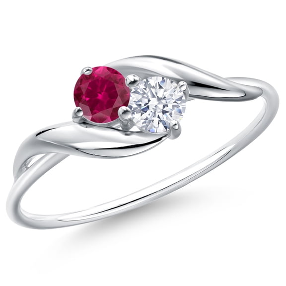 Gem Stone King 10K White Gold Round Red Created Ruby and White Zirconia Ring for Women (0.57 Cttw, Round 3.5MM, Gemstone July Birthstone, Size 9)