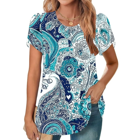 DDAPJ pyju Womens Boho Floral Tops Petal Short Sleeve Summer Casual Tunic Shirts Loose Fit Crewneck Pleated Blouse Blue XL