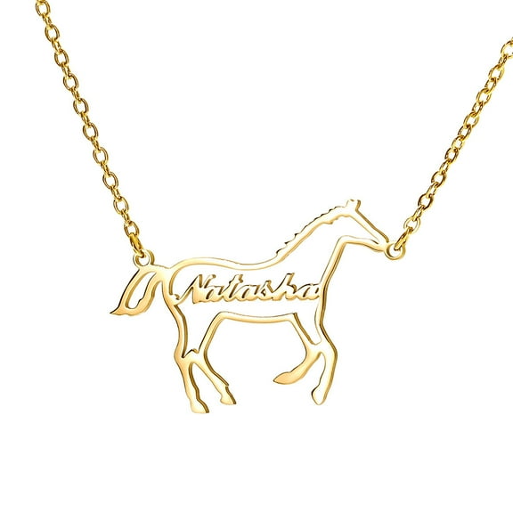 Horse Custom Name Necklace, Gold Plated Stainless Steel Personalized Nameplate Pendant Necklaces, Cross Chain, 6 Chain Length Options