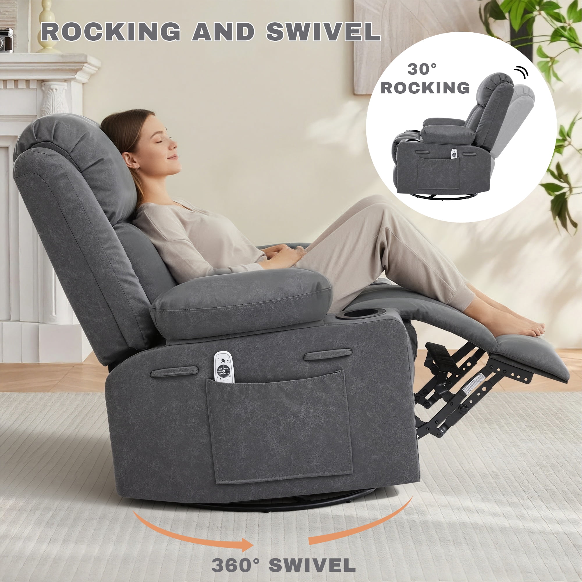 GAOHAPY Rocker Recliner Chair with Heat and Massage,360°Swivel Recliner Chair for Adults Elderly,Oversized Recliner Single Sofa Seat with 2 Cup Holders and Side Pocket(Grey)