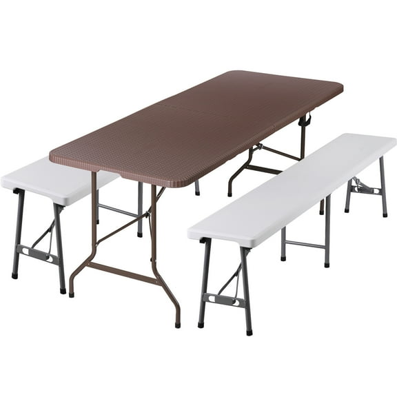 SuperDeal 6FT Folding Table and Bench 3-Piece Set - HDPE Picnic Table with 2 Benches, Portable w/Carry Handles, Heavy-Duty Plastic Tabletop for Backyard, Camping, Parties, Brown Table White Bench