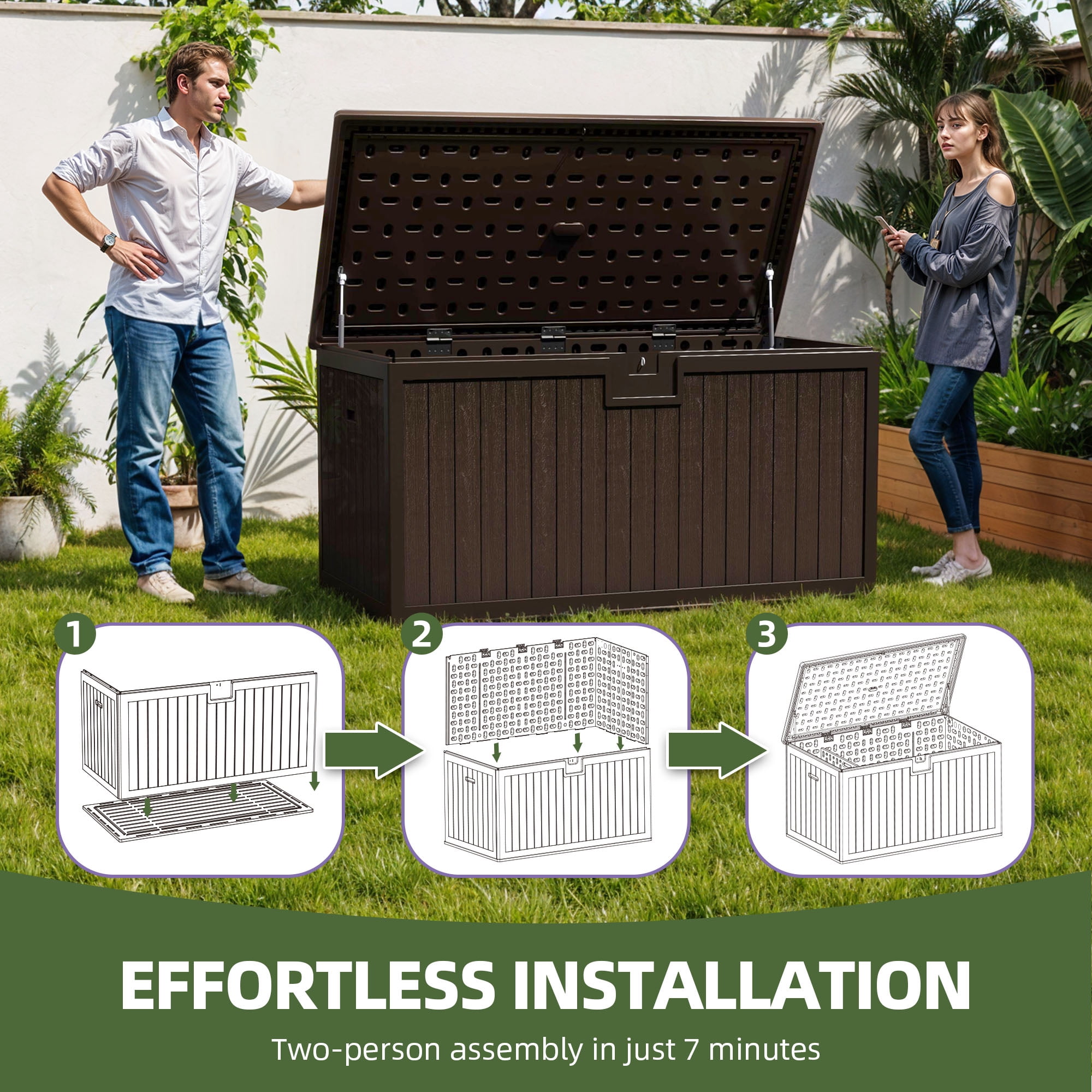 Uforic 230 Gallon Large Deck Box, Outdoor Weatherproof Resin Storage Box with Flexible Divider, Waterproof & Lockable, Brown
