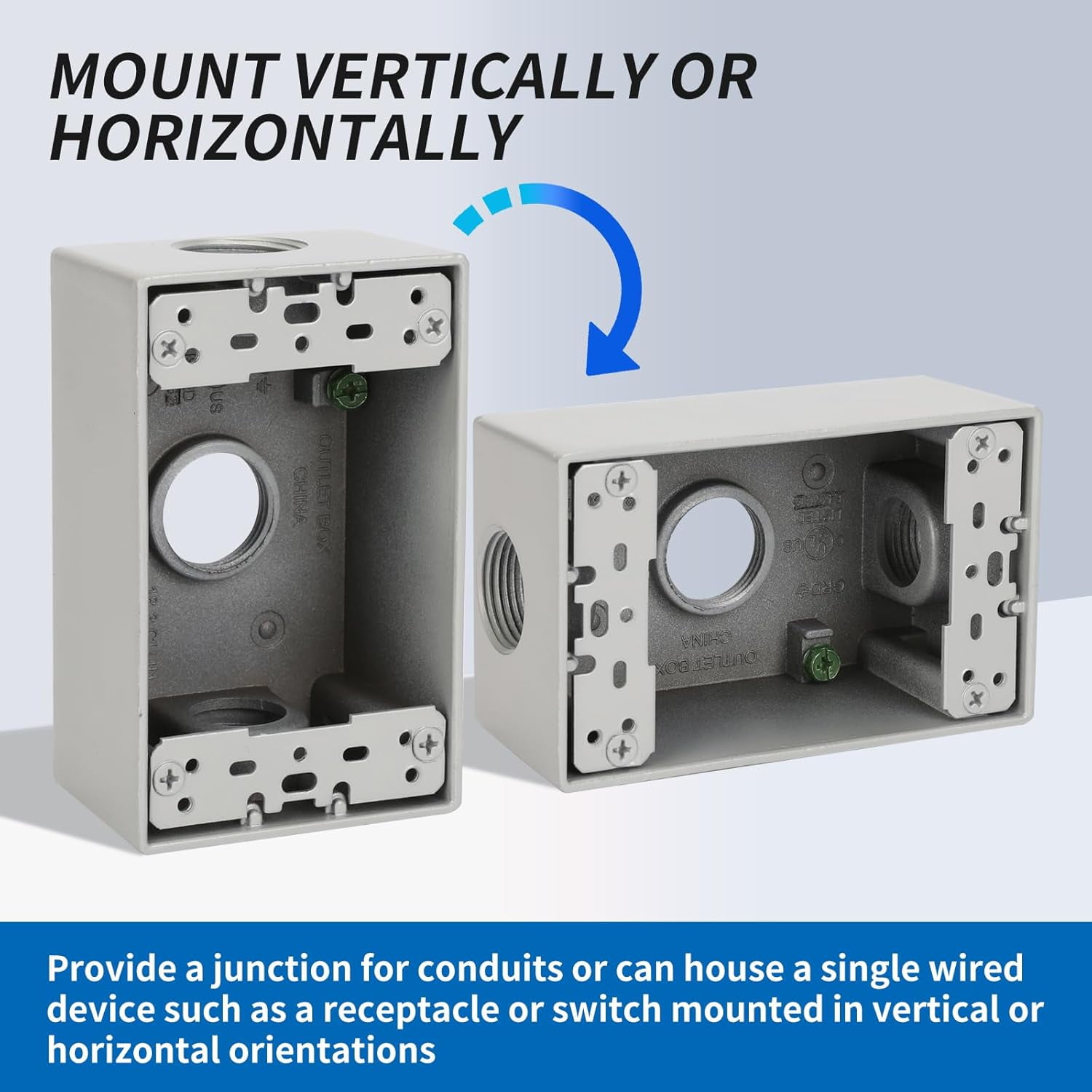 Weatherproof Outlet Box with Three 3/4-in Threaded Outlets,4-3/5-Inch Length by 2-5/6-Inch Width by 2-Inch Depth,1 Gang Weatherproof Outdoor,CUL Listed,Gray(9 Pack)