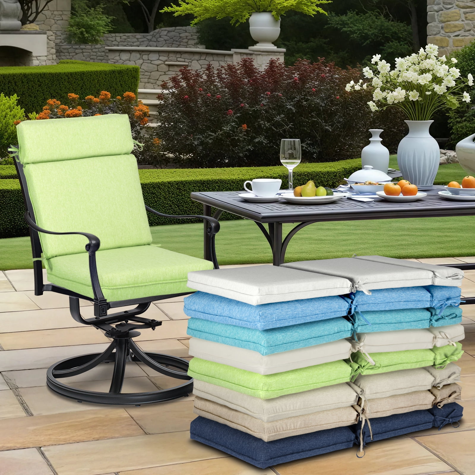 BPS Outdoor High Back Dining Chair Cushion Set, 37"x20"x2.8", TPU Water Repellent Coating&Stain Resistant, Polyester Fabric Cover with Ties and Zipper, Green, Set of 4