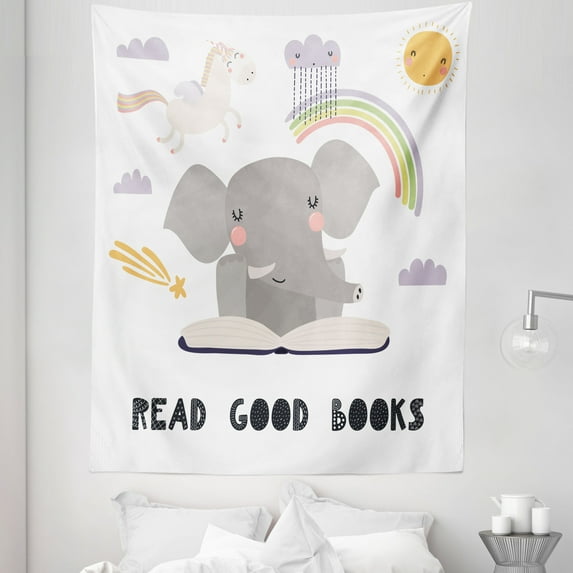 Reading Saying Tapestry, Book Themed Colorful Pastel Design Cartoon Illustration Animals, Fabric Wall Hanging Decor for Bedroom Living Room Dorm, 5 Sizes, White and Multicolor, by Ambesonne