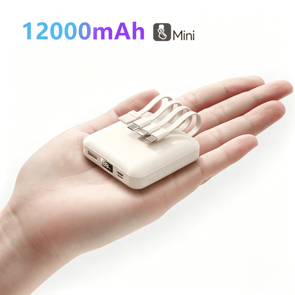 12000mAh Portable Power Bank with 4 Built-in Cables, Mini Compact Charger Can Charge 4 Mobile Phones Simultaneously, LED Digital Display, Travel Friendly for iPhone Samsung Android