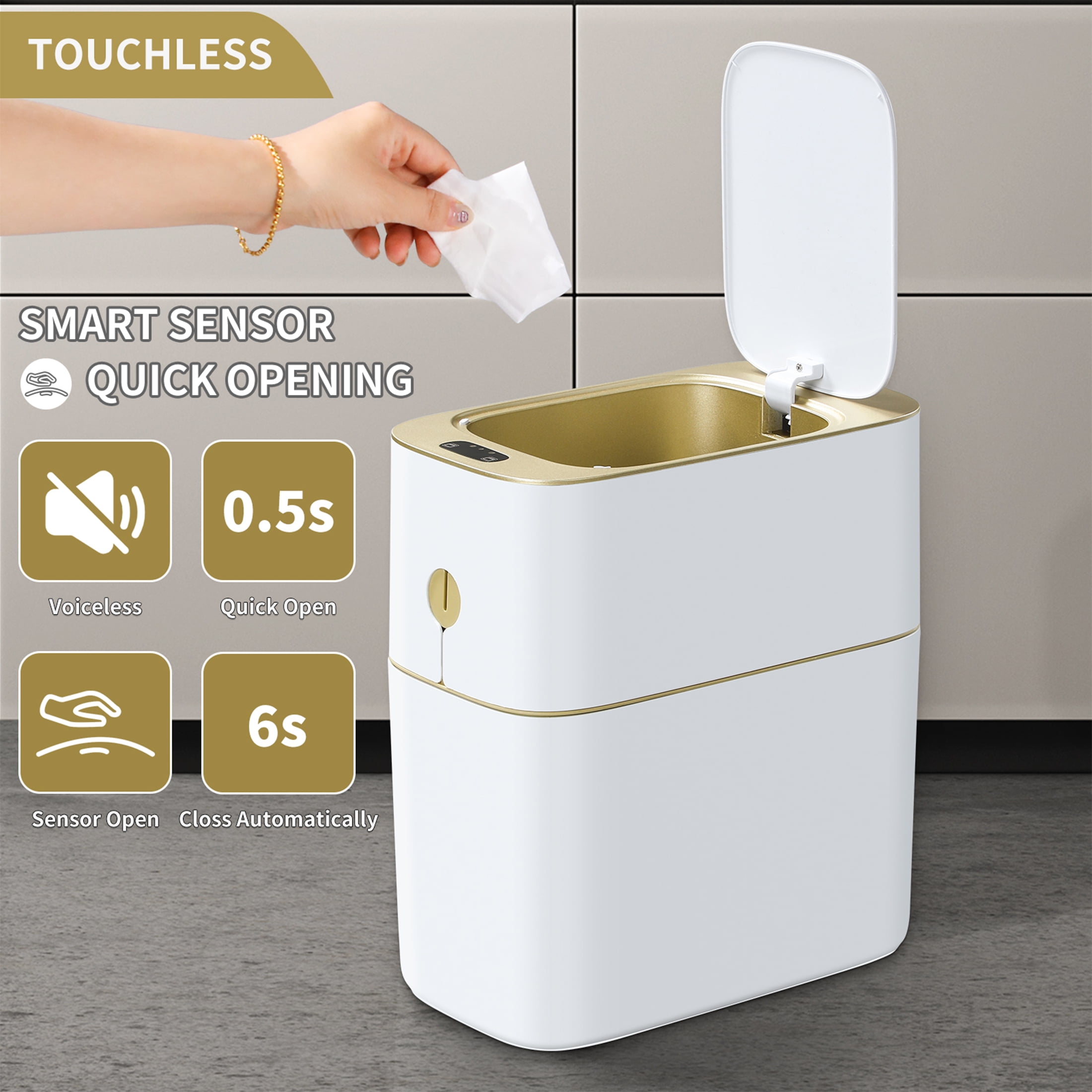 Joybos Motion Sensor Trash Can with Lid 3.5 Gallon - Hands-Free,Slim Waterproof Trash Bin for Bedroom,Bathroom,Office,Living Room