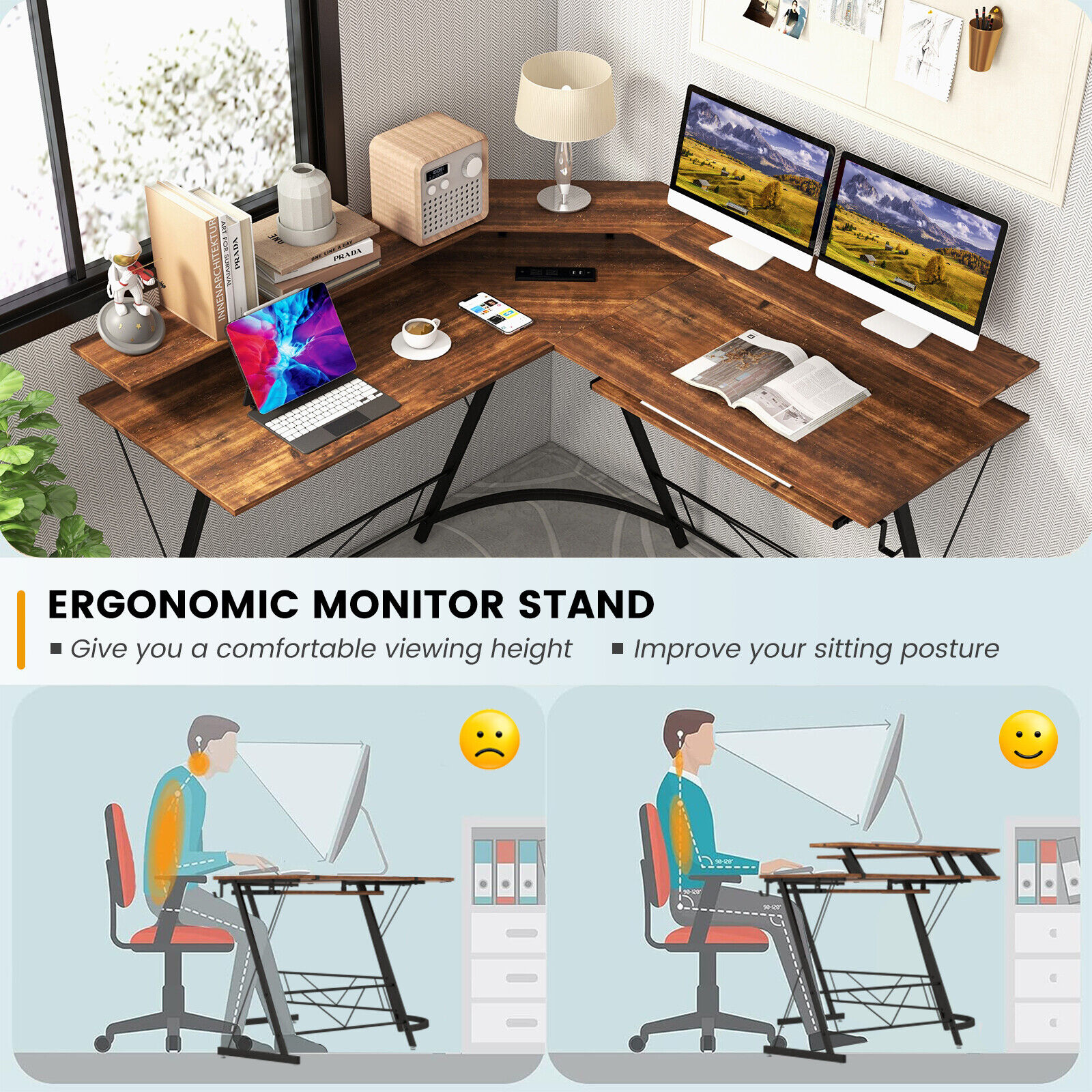 Amijoy L-shaped Computer Corner Desk, 51" Reversible L Shaped Home Office Desk w/Power Outlet, USB Ports, Monitor Stand, Keyboard Tray