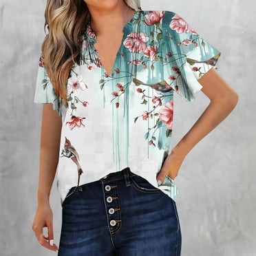 Nrmvnmi Women's Dressy Casual Business Work Chiffon Blouses Tops Summer V Neck Cute Loose Petal Short Sleeve T-Shirts Mothers Day Gifts