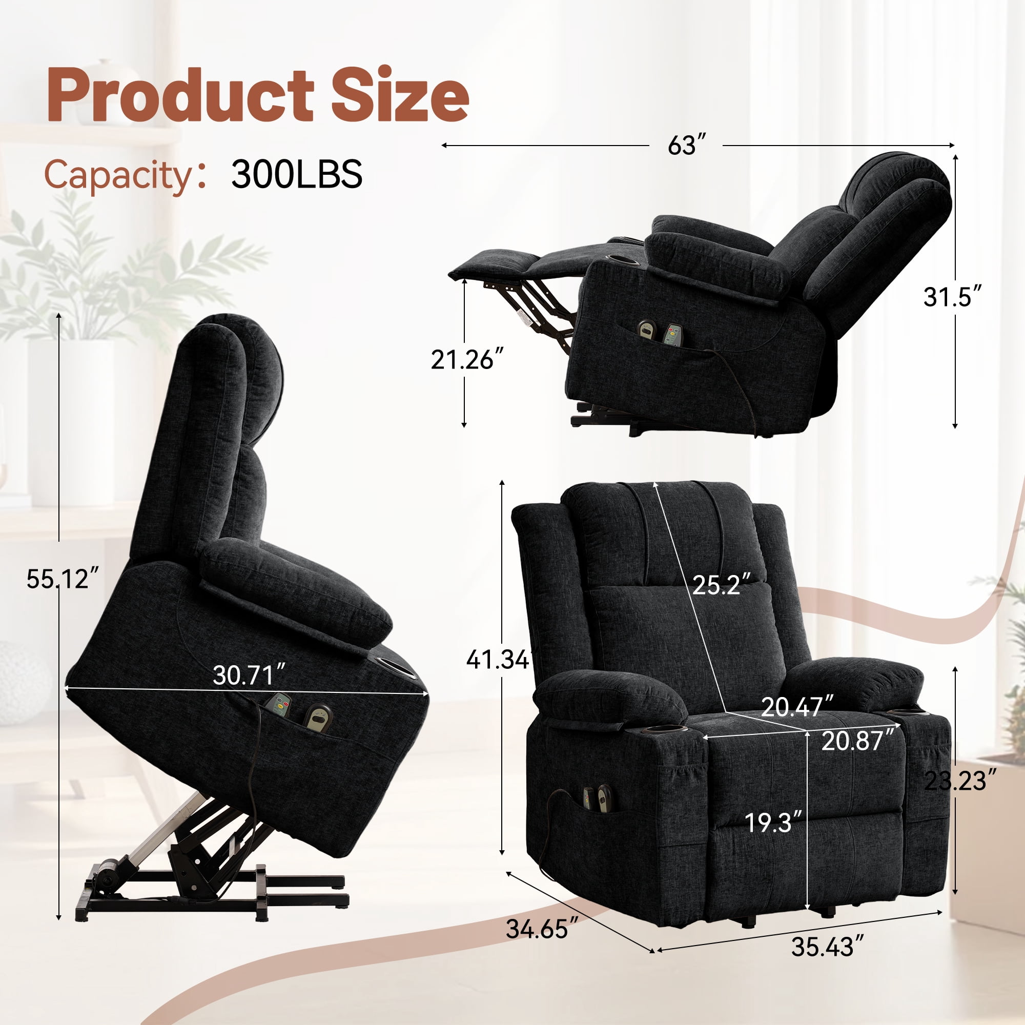 Korser Power Lift Recliner Chair for Elderly with Massage and Heat,Electric Lift Reclining Chair with Side Pockets and Cup Holders,Massage Recliner Chair for Living Room,Chenille,Black