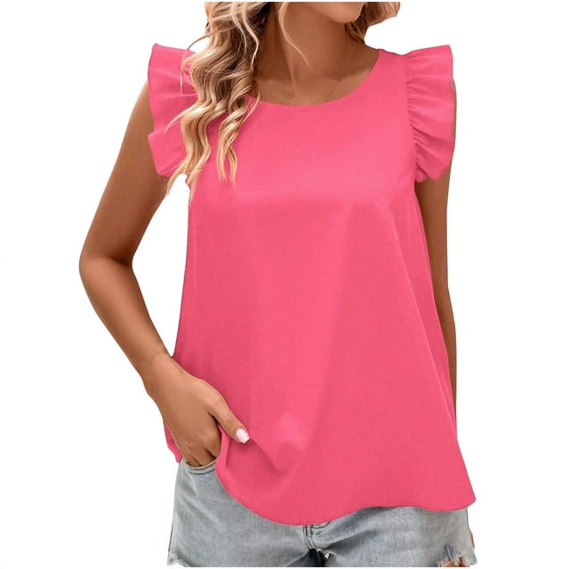 Yuyuzo Womens Summer Tops Ruffle Cap Sleeve Tank Tops Round Neck Going out Tops Ladies Dressy Top