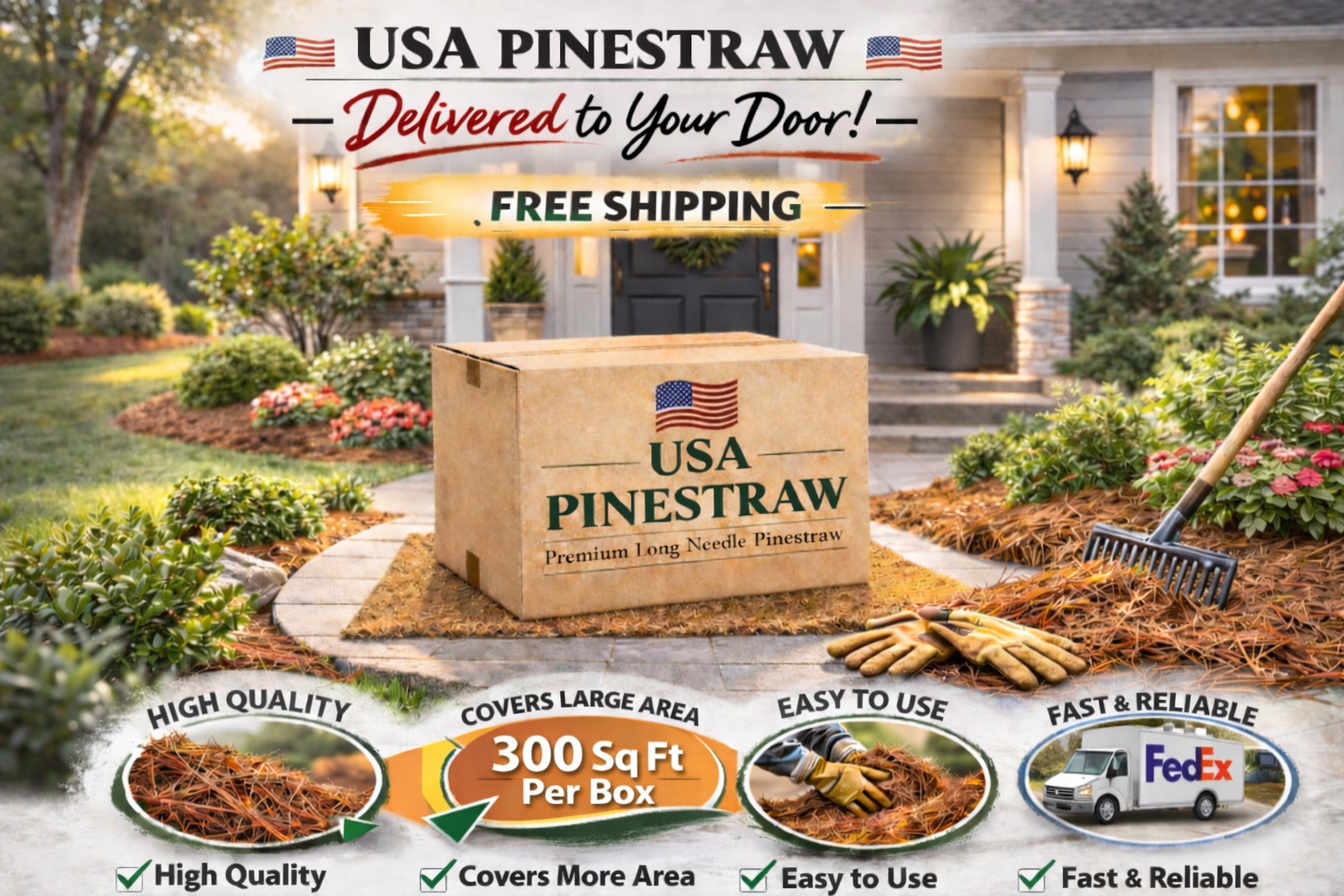 Premium Long Needle | Pine Straw Mulch | 300 Sqft