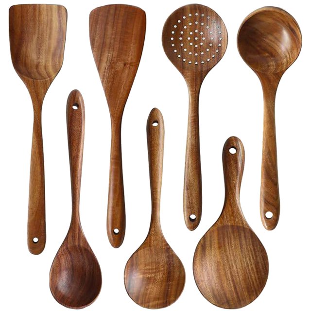Juego De Utensilios De Madera Para Cocina Messon, Cucharas De Cocina De Teca Natural Hechas A Mano, Espátula De Madera Para Utensilios De Cocina Antiadherentes (7 Juegos)