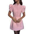 thumbnail image 2 of Women Puff Sleeve Mini A-Line Dress Stand Collar Button High Waist Dresses Pink M, 2 of 9