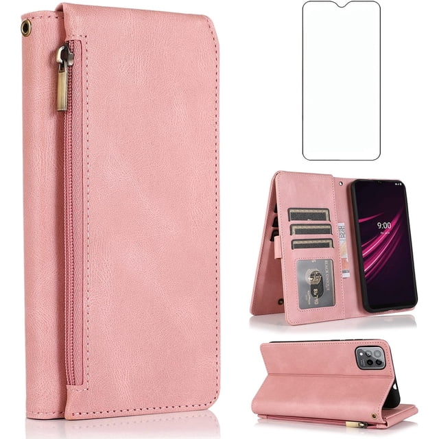 Compatible with T-Mobile Revvl 6 Pro 5G 2022 Wallet Case Tempered Glass Screen Protector Zipper Leather Flip Cover Card Holder Stand for Tmobile Revel Tmo Revell T Mobile Rebel 6pro TCL TMAF035G