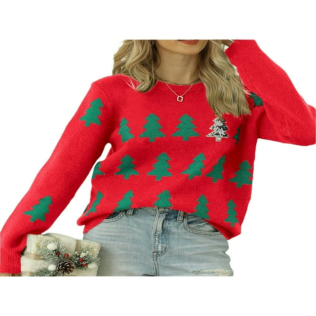Pull Tricoté Jacquard Arbre de Noël Ample pour Femmes Manches Longues Col Rond