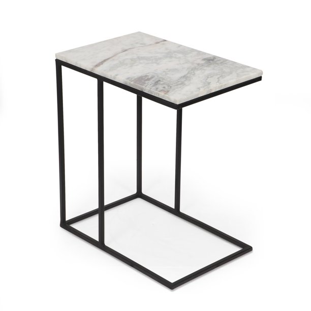 Noble House Conrail Modern CShape Marble Side Table, Natural White