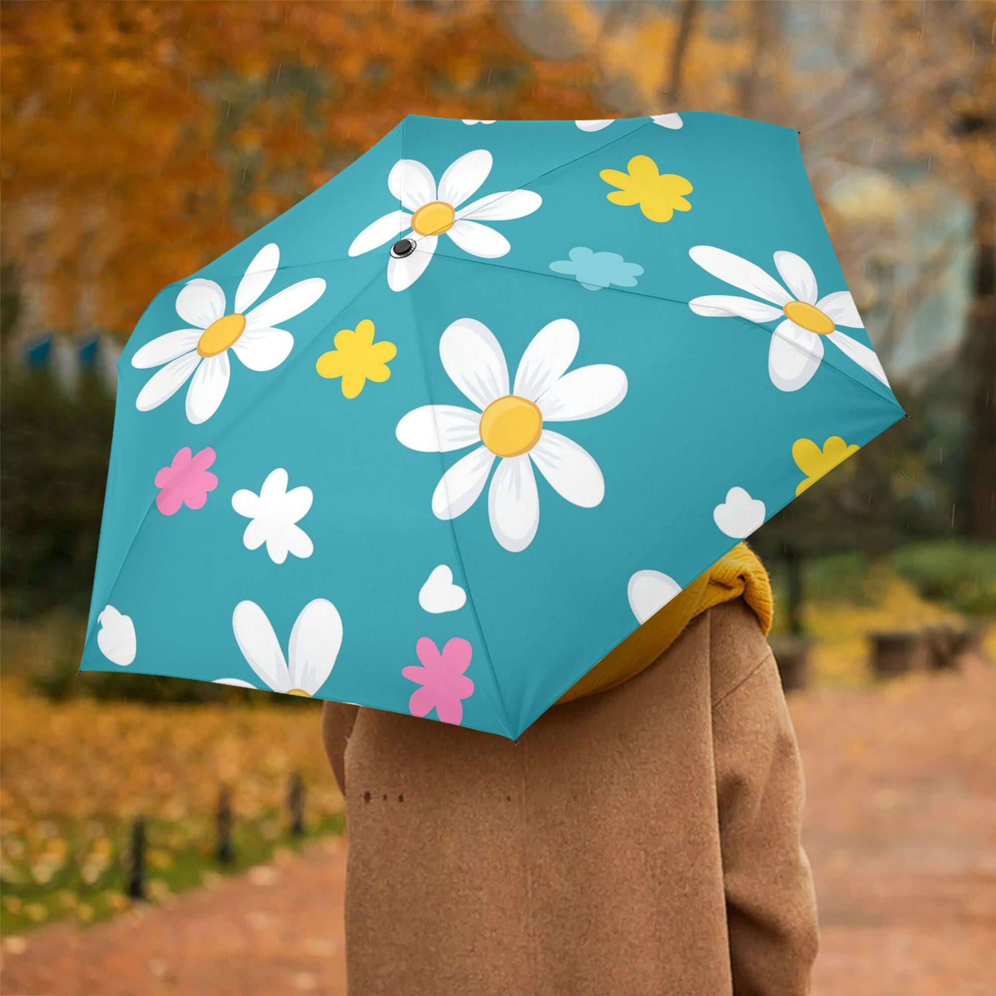 FORMRS Travel Umbrella Folding Auto Open Close Windproof Rain UV Protection, Small Daisy
