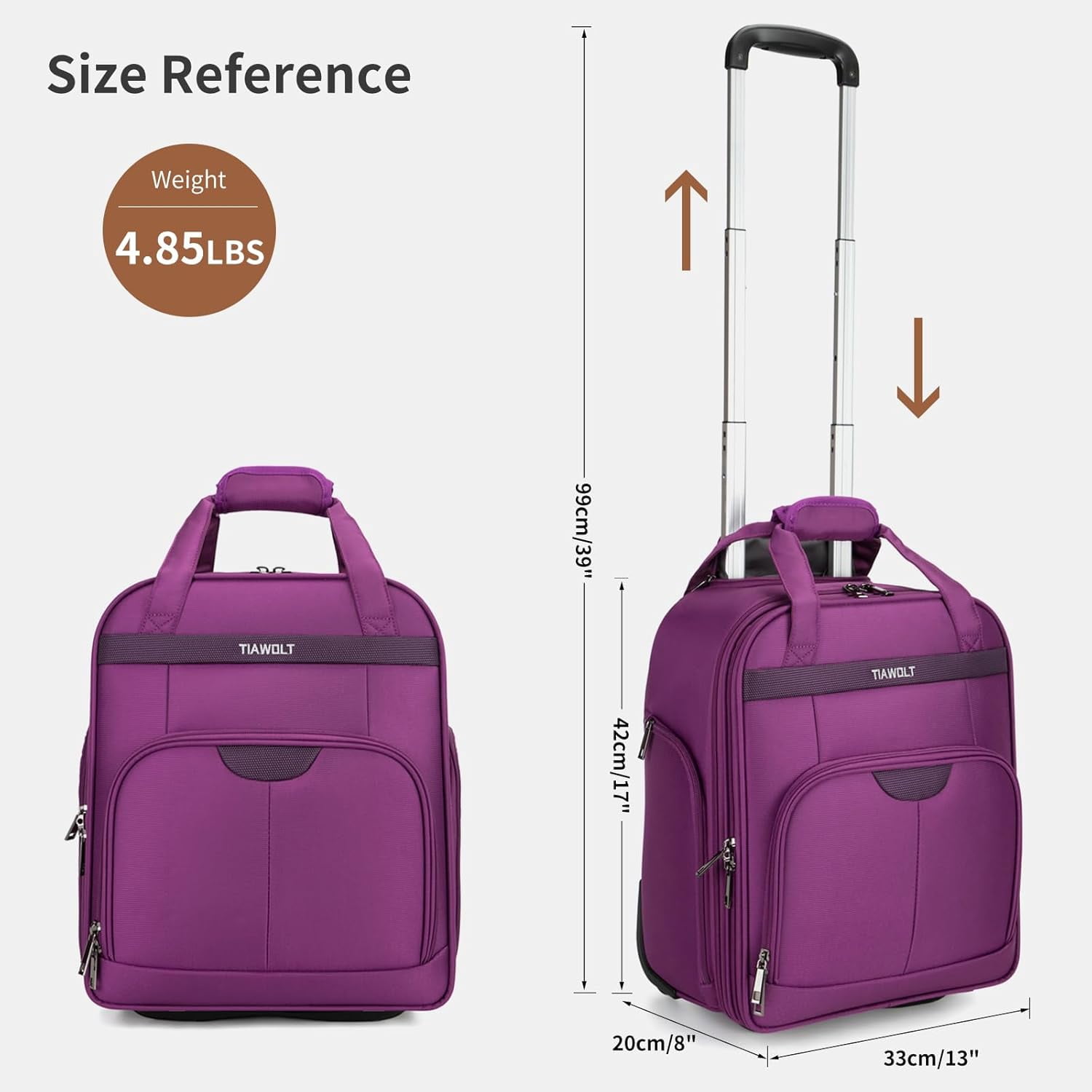 TIAWOLT Underseat Carry on Luggage with Wheels,16-inch Airline Approved Personal Item Stylish Softside Underseater Suitcases with Wet/Dry Pockets,Overnight Rolling Carry-on Bag for Short Trip, Purple
