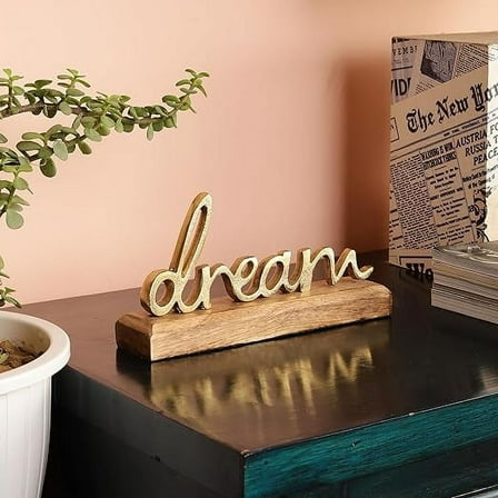 Dream Sign Decor | Decorative Items For Home Living Room | Metal Word Sign with Wooden Base