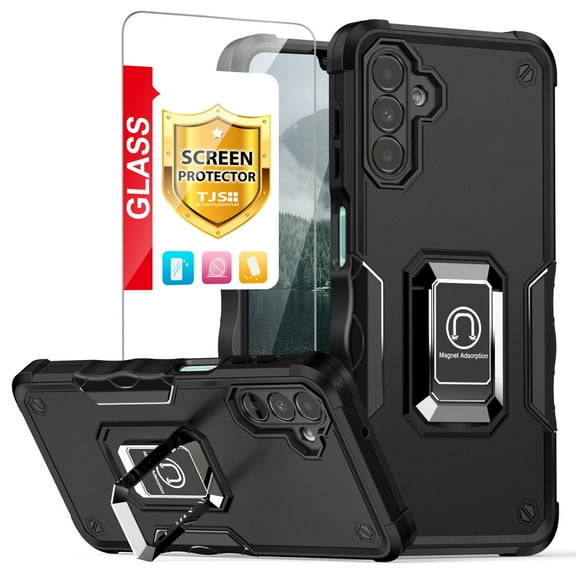 TJS for Samsung Galaxy A15 5G Phone Case, with Tempered Glass Screen Protector, [Military Grade] Heavy Duty Magnetic Support Ring Kickstand Cover for Galaxy A15 5G (Black)