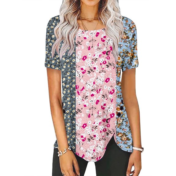 Babysbule Women's New Arrivals Shirts Women Casual Buttons Printed Short Sleeve Round Neck Pullover Blouse T-shirt Tops