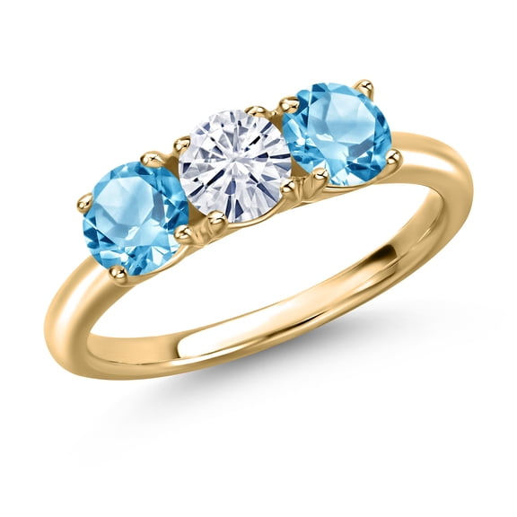 Gem Stone King 10K Yellow Gold White Moissanite and Swiss Blue Topaz Engagement Ring for Women | 1.80 Cttw | Round 5MM | Gemstone Birthstone | Size 7