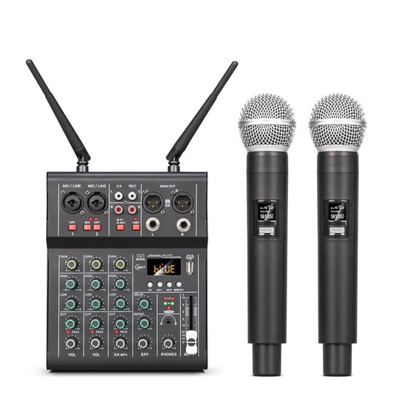 Mezclador de Sonido de 4 Canales con Micrófono Inalámbrico UHF Dual, Consola de DJ para Karaoke, Fiestas, Grabación en Estudio de PC.