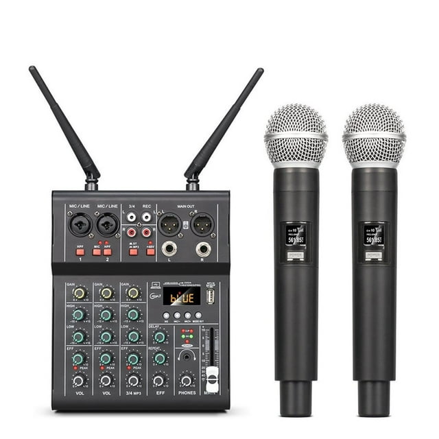 Mezclador de Sonido de 4 Canales con Micrófono Inalámbrico UHF Dual, Consola de DJ para Karaoke, Fiestas, Grabación en Estudio de PC.