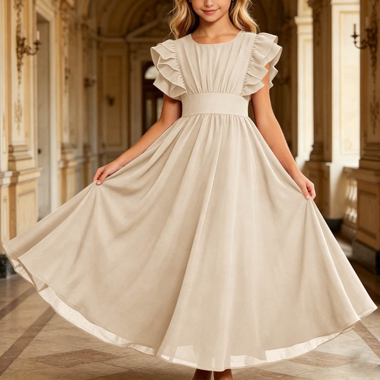 Girls Elegant Chiffon Long formal Dress, Ruffle Sleeve Floor-Length Gown for 0-13 Years Old, Perfect for Piano Recitals & Special Occasions Beige 9 Years