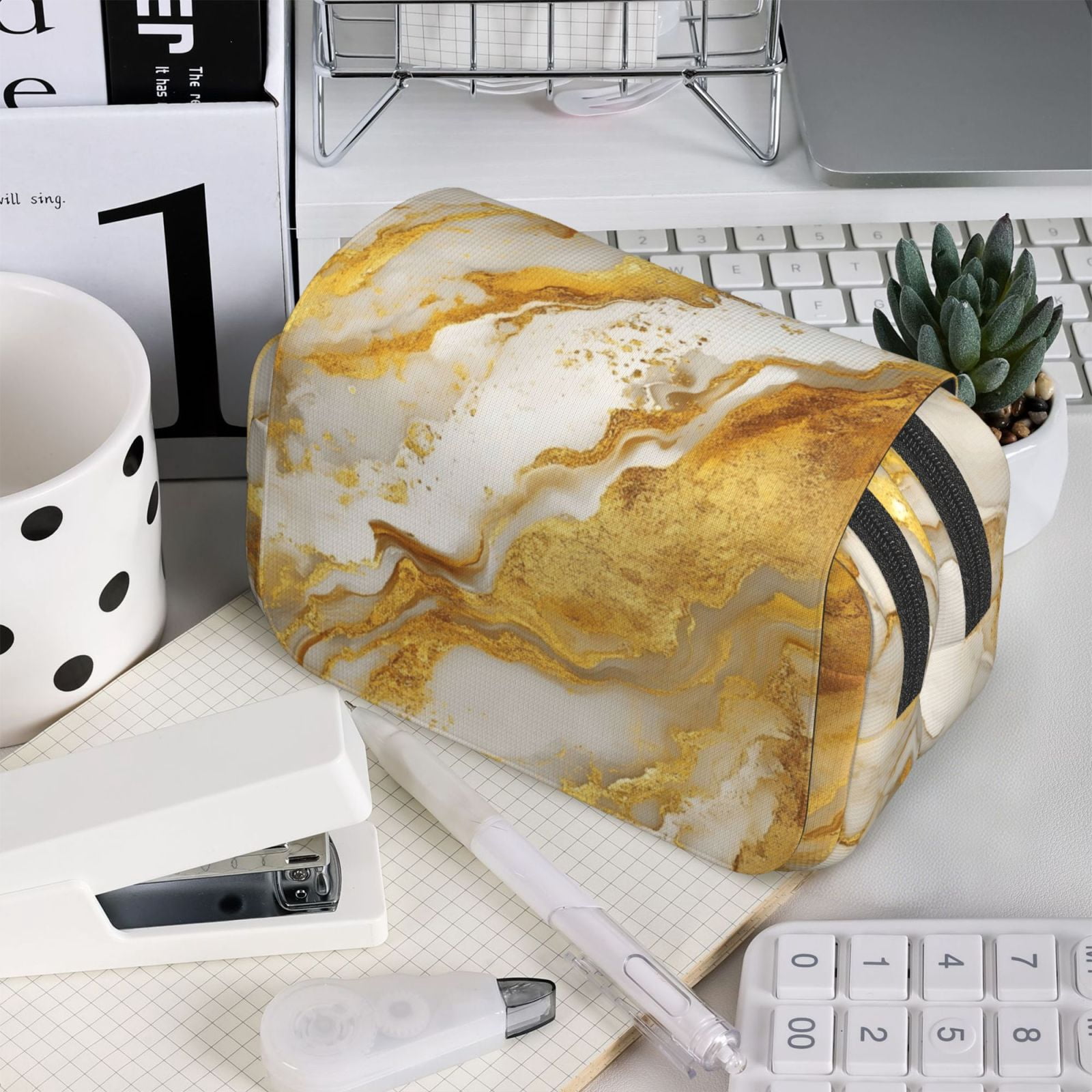 Large-Capacity Flip-Top Double-Layer Pencil Case, Multi-Functional Pocket Pen Case, Durable Stationery Organizer Gold Marble_1