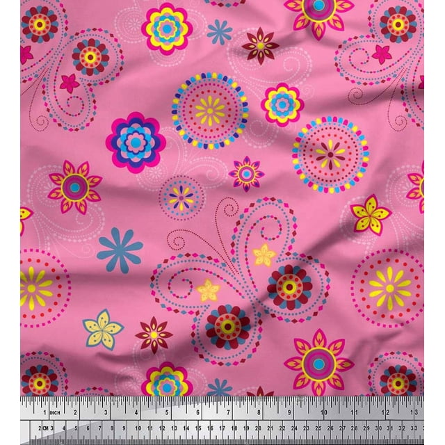 Soimoi Pink Polyester Crepe Fabric Insect & Floral Clip Art Decor Fabric Printed BTY 52 Inch Wide