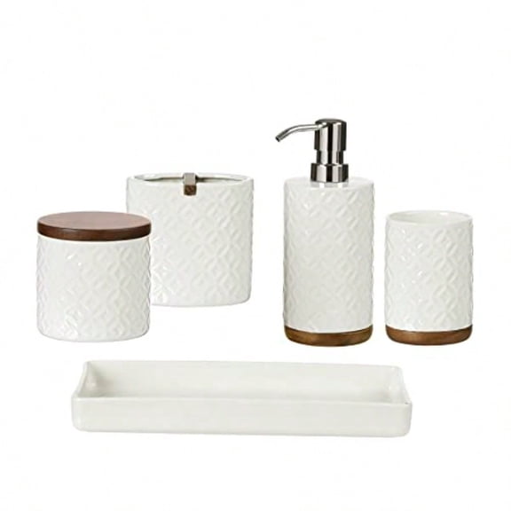 Bathroom Accories Set 5Piece Ceramic and Wood Bath Accory Complete Set with Lotion Dispenser/Soap Pump Cotton Jar Vanity Tray Tumbler and Toothbrush Holder White and Beige