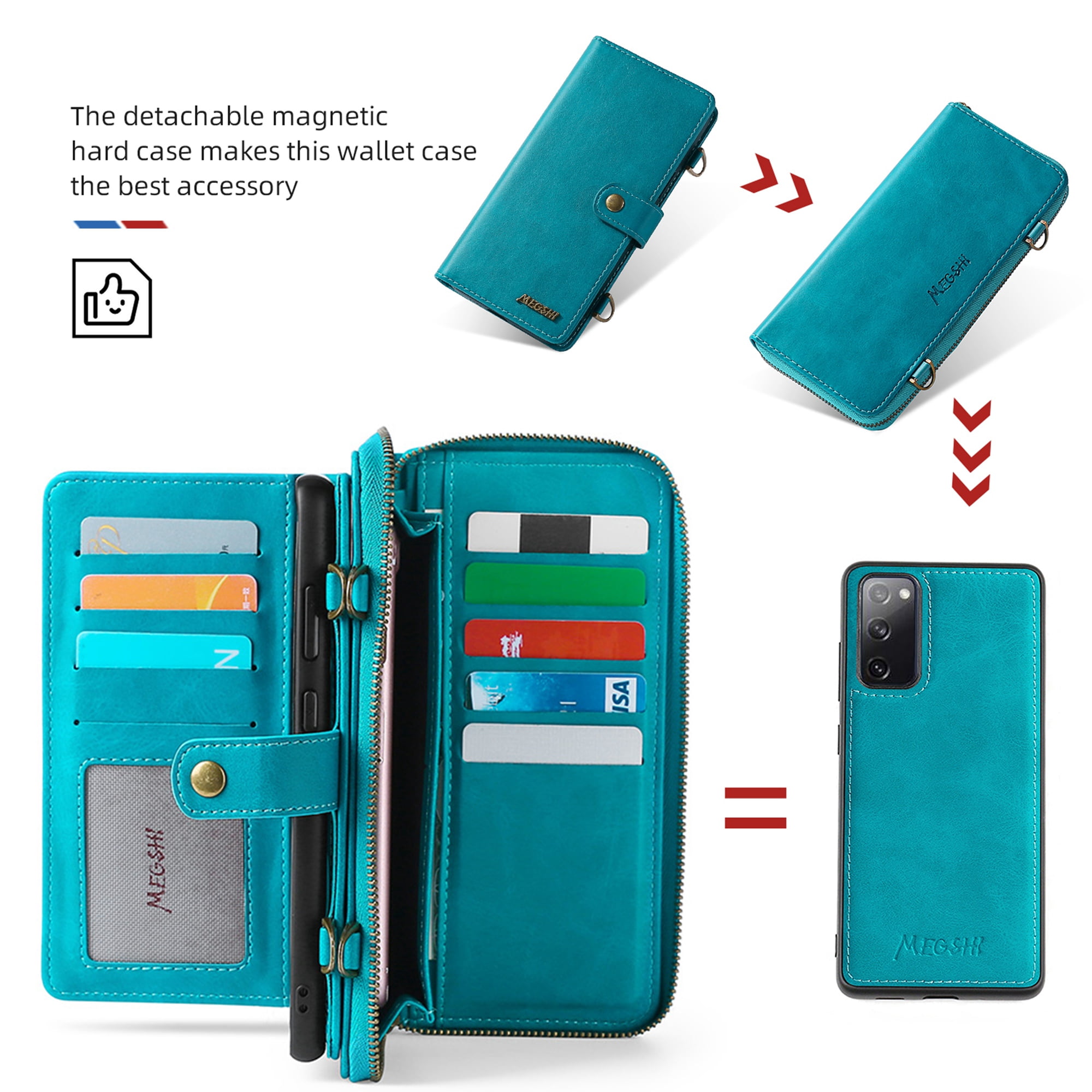 Samsung Galaxy S20 FE 5G Wallet Case, Dteck 2 in 1 Magnetic Detachable Wallet Purse [Crossbody Chain] Durable PU Leather Zipper Handbag Folio Flip Card Slot Protection Back Cover, Blue
