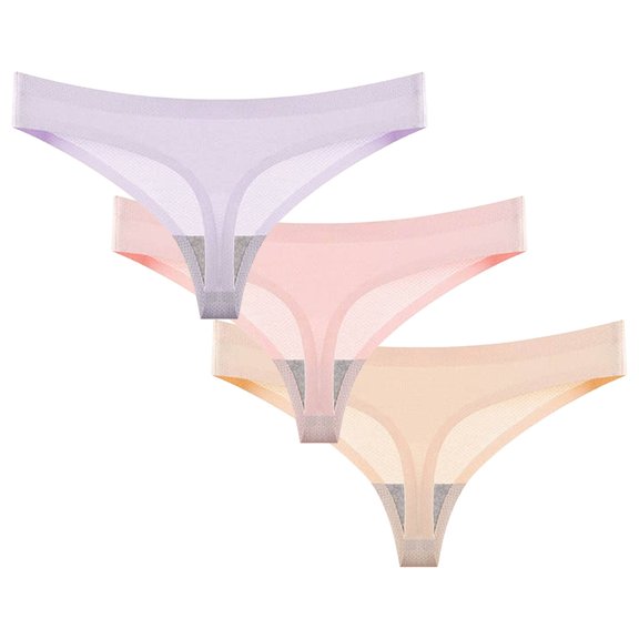 ZQUUVOU 3PC Invisibles V String Thong for Women No Show Ice Silk Underwear Low Rise Breathable Stretch Thong Multipack Beige A