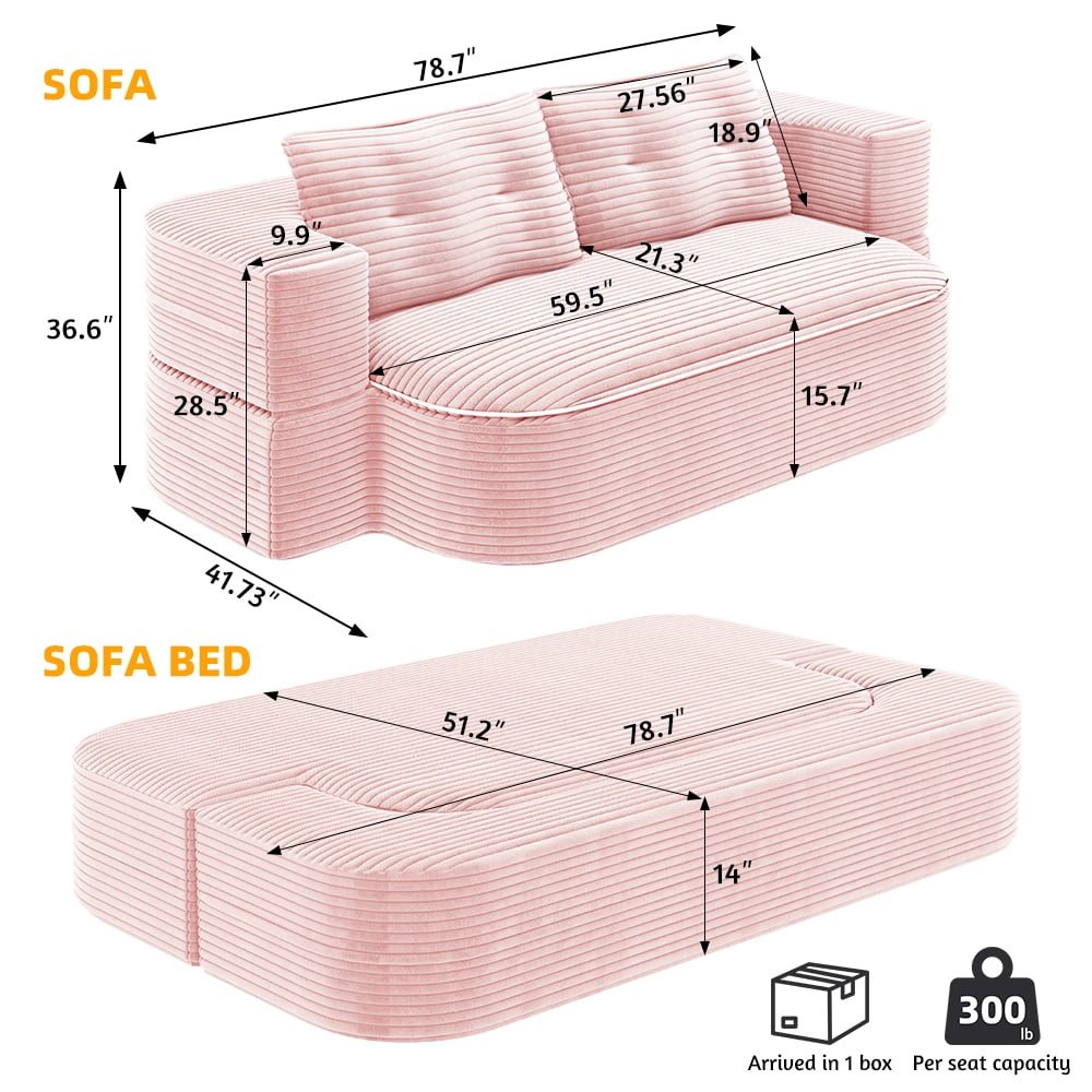 NeoKo 78" Full Size Floor Sofa, Folding Queen Sleeper Couch, Futon Loveseat Sofa, Corduroy Boneless Loveseat Couch, Fold Mattress Bed for Living Room, Guest Use, Office, Apartment, Baby Pink