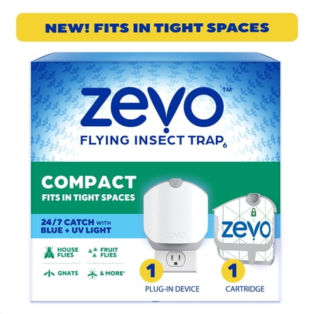 Zevo Compact Flying Insect Indoor Fly Trap: Easy, Mess-Free Solution for Small Spaces - Light Trap Catches & Kills House Flies, Fruit Flies, Gnats, & More (1 Plug in Device & 1 Cartridge)