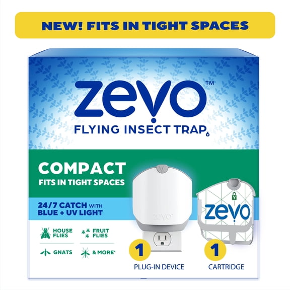 Zevo Compact Flying Insect Indoor Fly Trap: Easy, Mess-Free Solution for Small Spaces - Light Trap Catches & Kills House Flies, Fruit Flies, Gnats, & More (1 Plug in Device & 1 Cartridge)