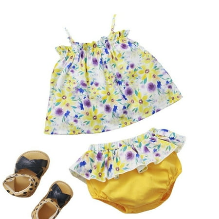 

Infant Baby Girls Clothes Baby Girls Summer Outfits Floral Sleeveless Suspender Top Shorts 2PCS Set 3-6 Months Yellow