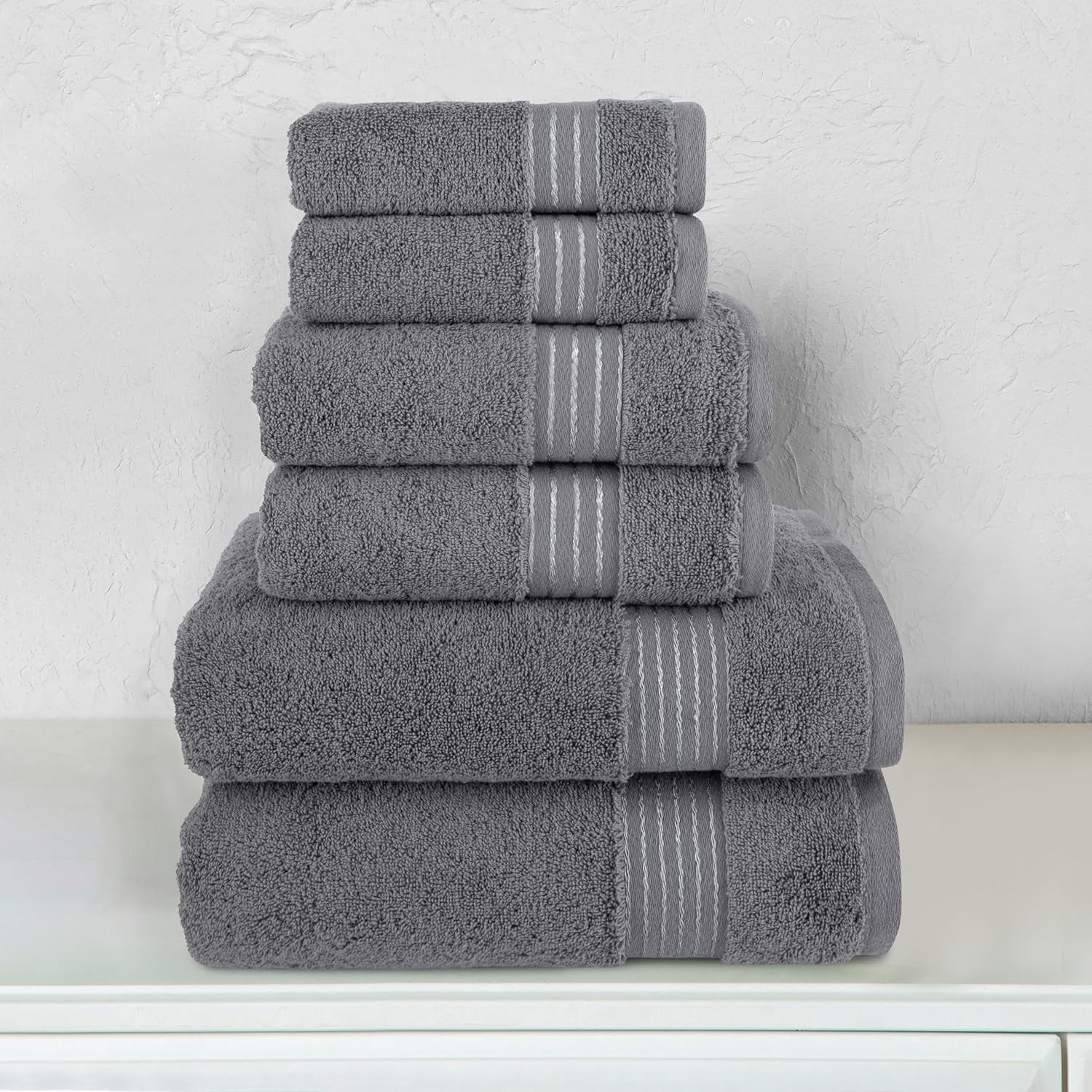 Elegant Comfort Cotton 6-Piece Towel Set, Includes 2 Washcloths, 2 Hand Towels and 2 Bath Towels, 100% Turkish Cotton - Highly Absorbent and Super Soft Towels for Bathroom, Grey