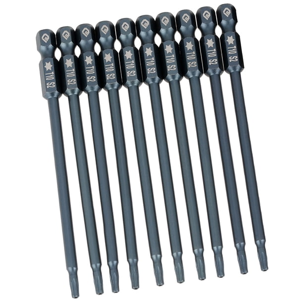 Juego de 10 puntas de destornillador de seguridad magnéticas T10 con vástago hexagonal de 100 mm y 1/4"