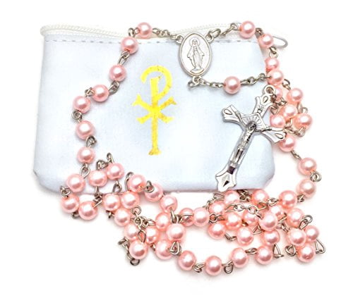 Elysian Gift Shop Catholic White Pearl Rosary - 6mm Beads With Silver Crucifix & Zipper Case, 20" Necklace