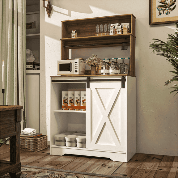 EVOKEDEN Farmhouse Coffee Bar Cabinet w/ LED Light, 55 Inch Bakers Rack w/ Storage, White