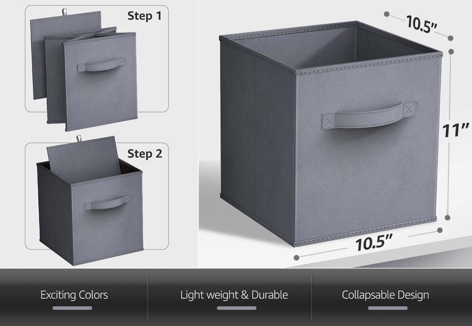 Sorbus 11" Collapsible Fabric Storage Cubes - 6 Foldable Bins with Handles for Clothes, Toys, Books (Gray)