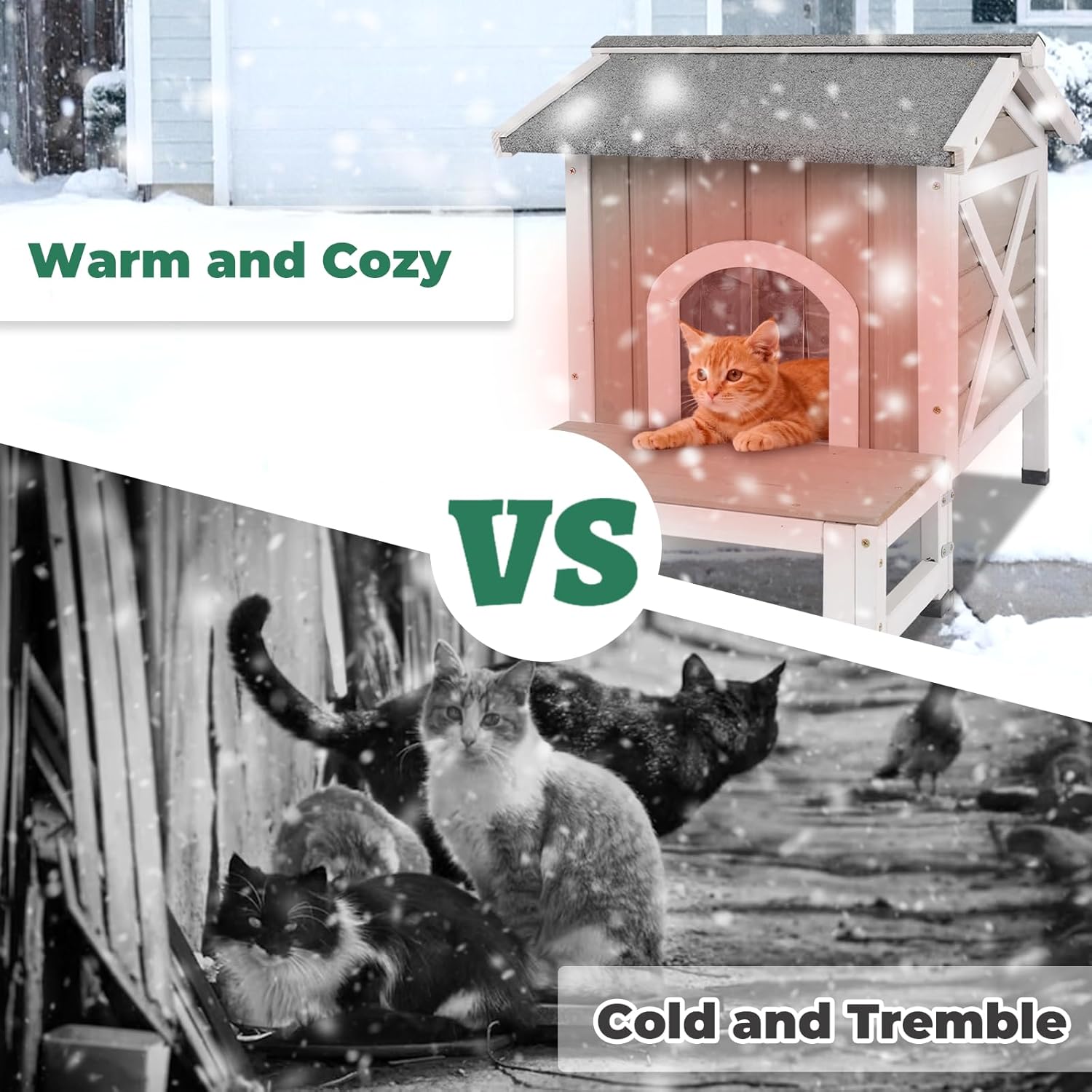 Gowoodhut Small Insulated Cat House, Wood Outdoor Cat House Weatherproof with Cat Scratching Cloth for Winter, Grey