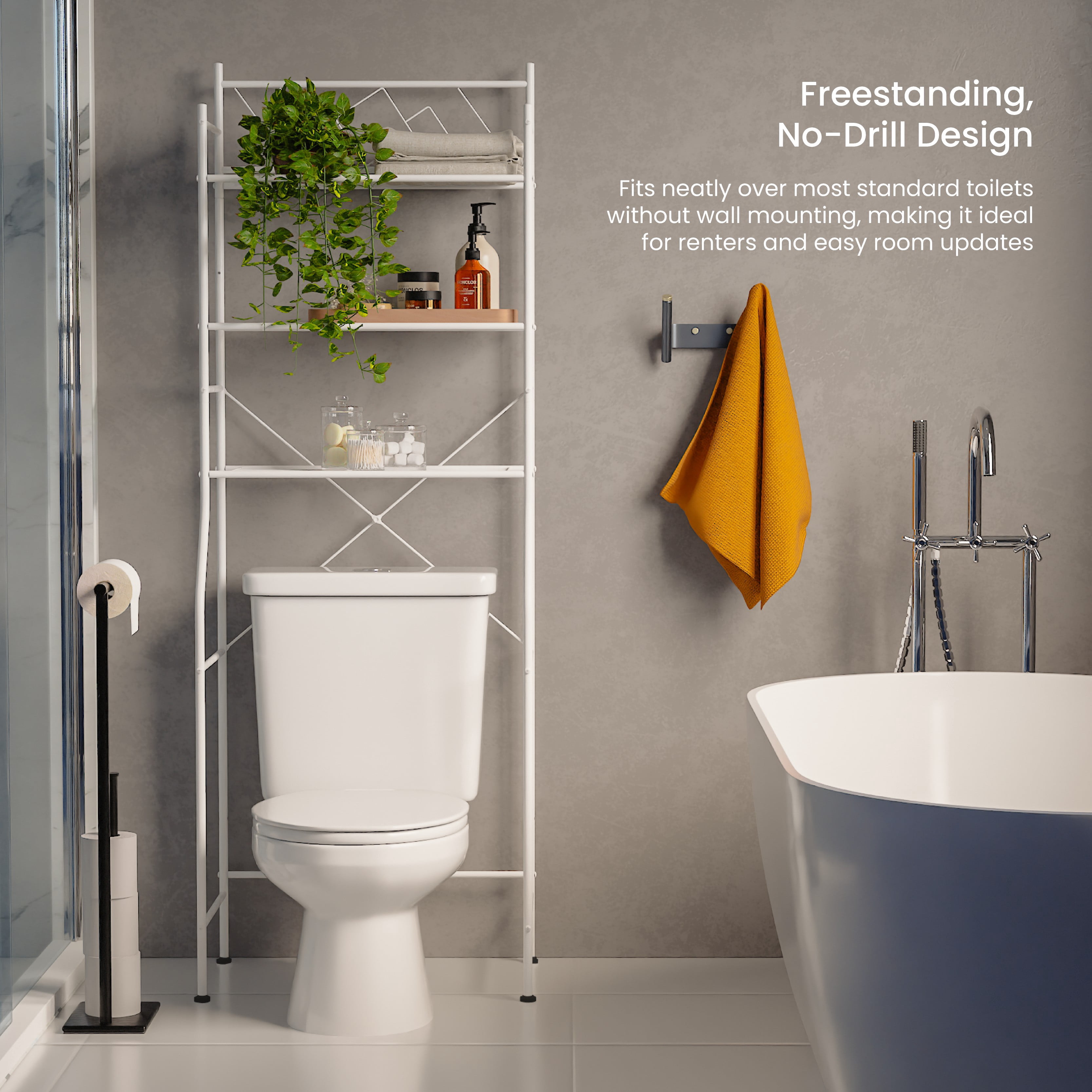 Home Zone Living 3-Tier Over the Toilet Bathroom Storage Organizer with Wide Stabilizing Base, Matte White