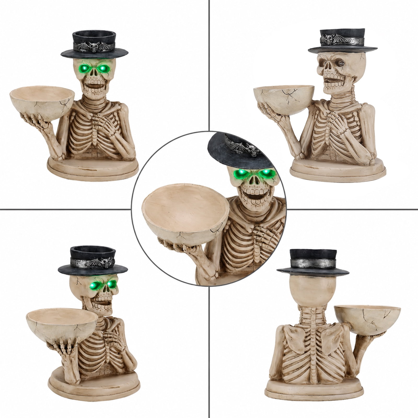 Skeleton Figurine 11.81 Inch, Halloween Storage Bowl and Candle Holder with Glowing Eyes, Spooky Indoor Decor for Home and Party, White and Black