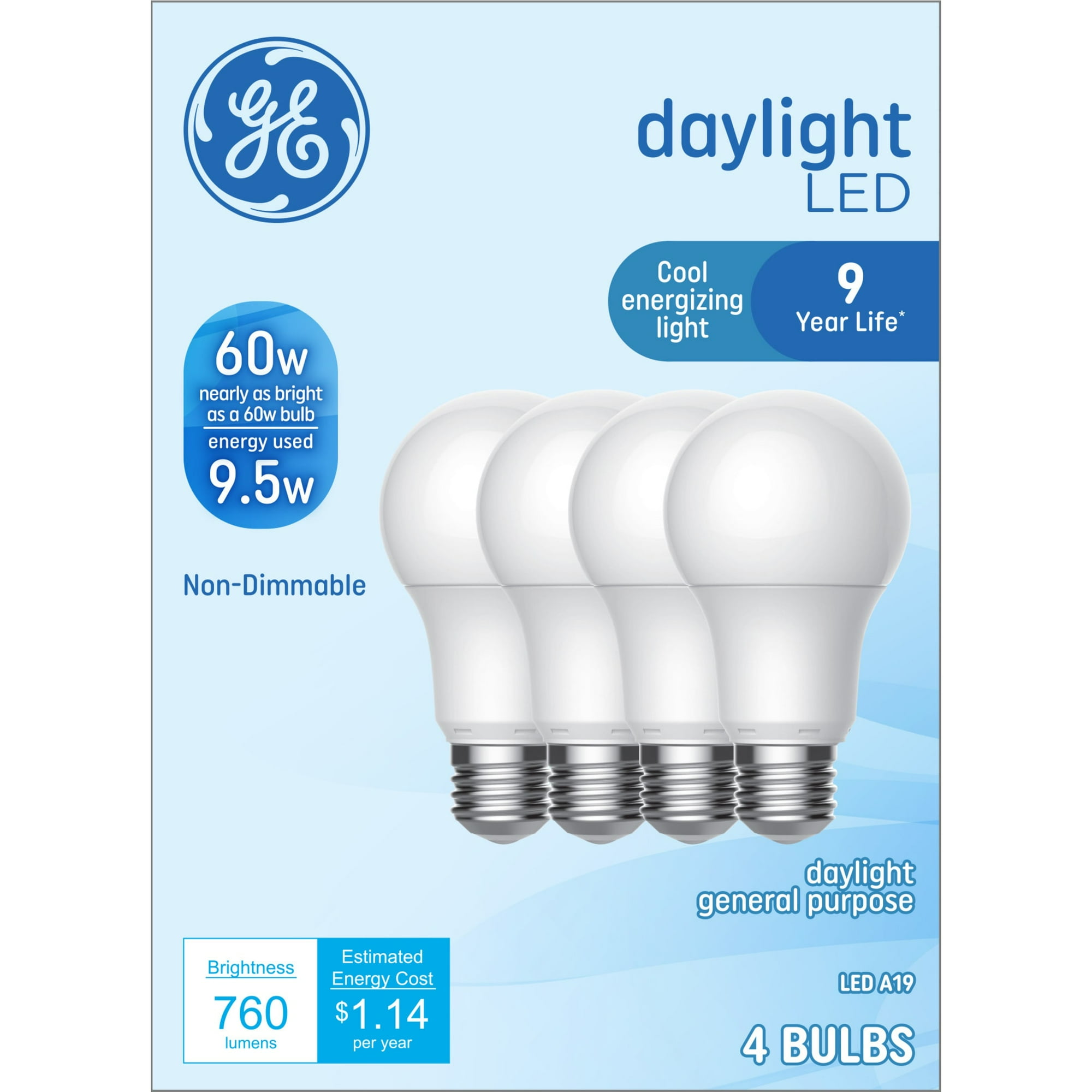 GE LED Light Bulbs, 60 Watt, Daylight, A19 Bulbs, Medium Base, Frosted Finish, 9yr, 4pk