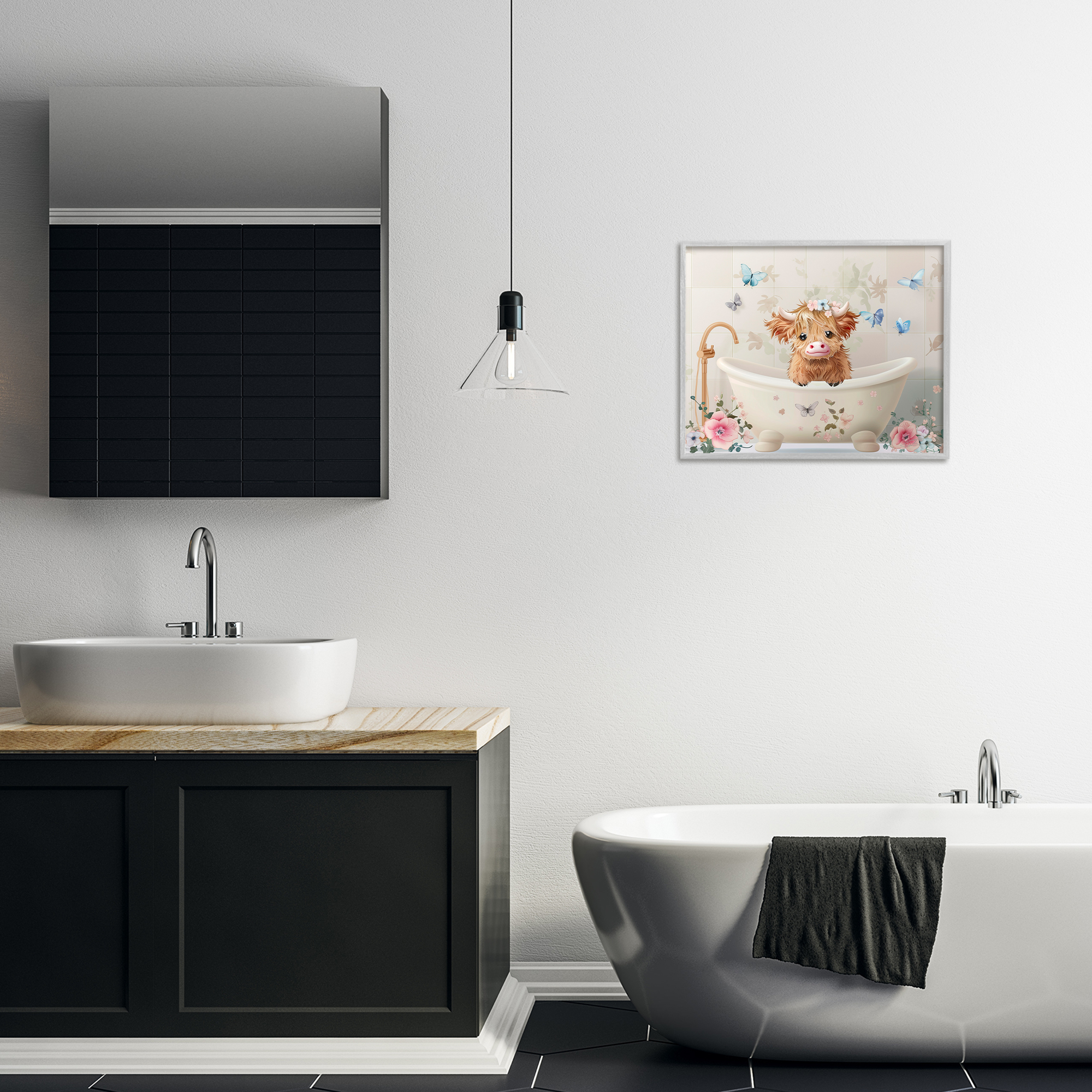 Baby Cattle in Floral Tub Gray Framed Giclee Art, design by Shawna Stewart