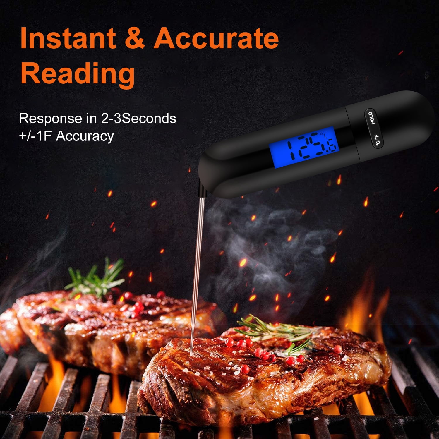 Meat Thermometer for Cooking,AILKIN Foldable Waterproof Instant Read Wireless Digital Grilling Thermometer Food Cooking Thermometer for Meat,Steak,Grills,Kitchen,Turkey,BBQ(Black)